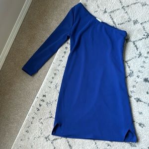 C/F Single sleeved, angled neckline, short cobalt blue dress. Size small.